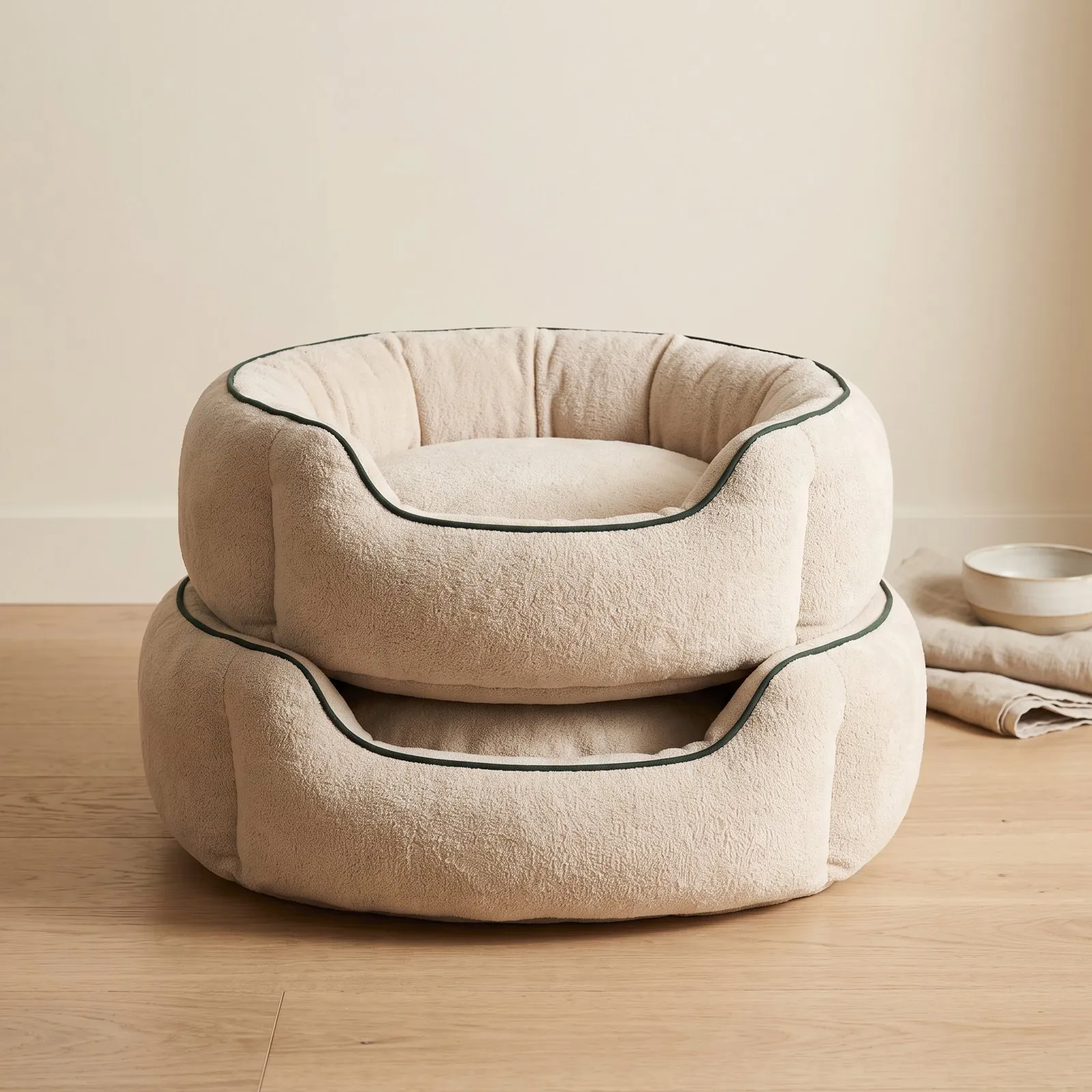 Two oat-colored dog beds stacked on a wood floor