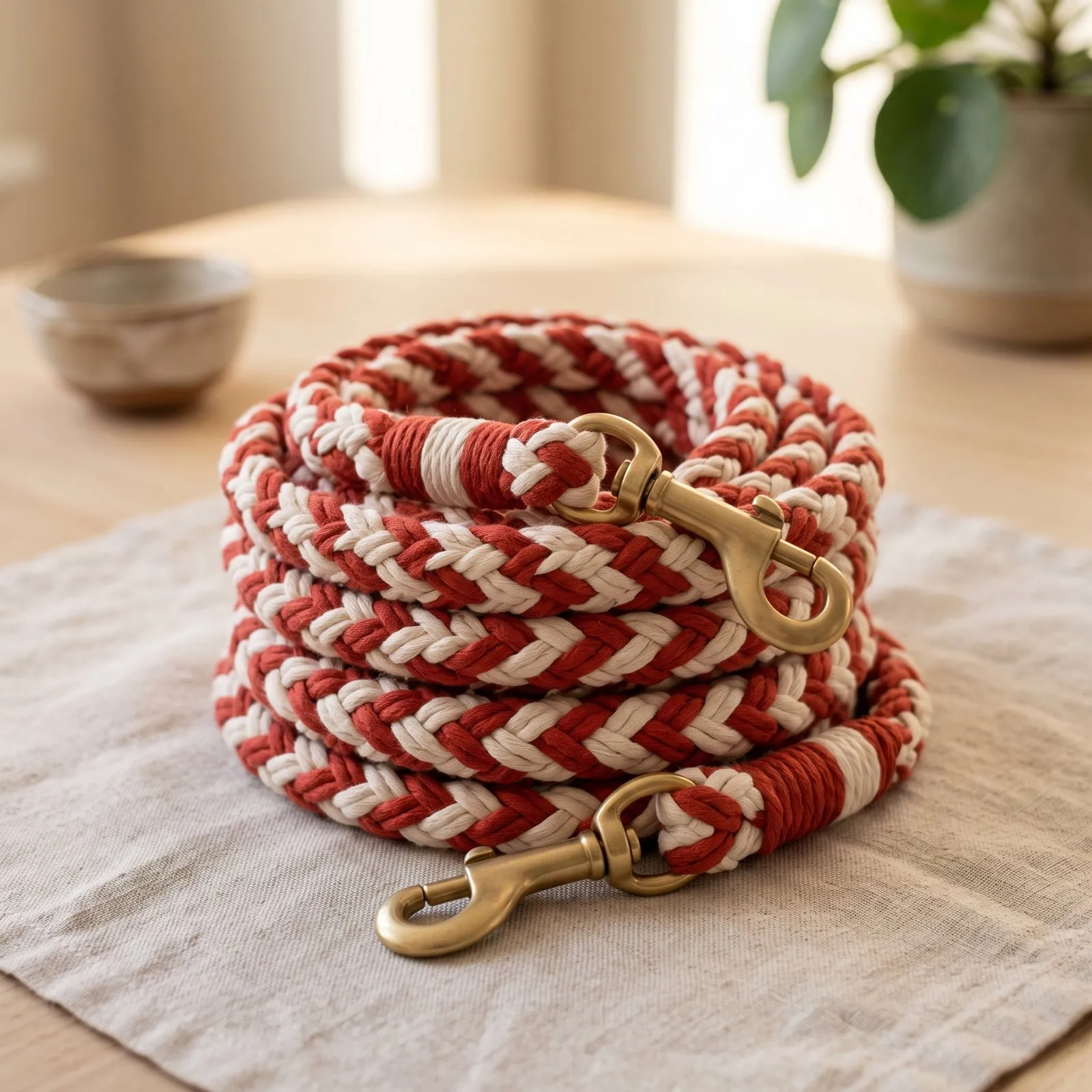 Red and cream braided leash coiled on a linen cloth