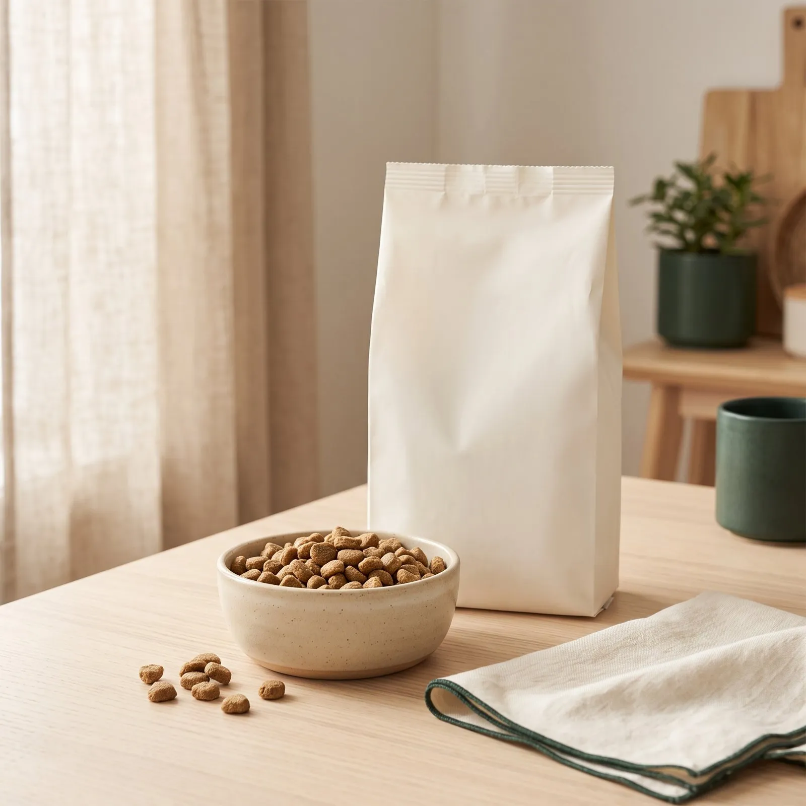 White bag of kibble next to a bowl of kibble