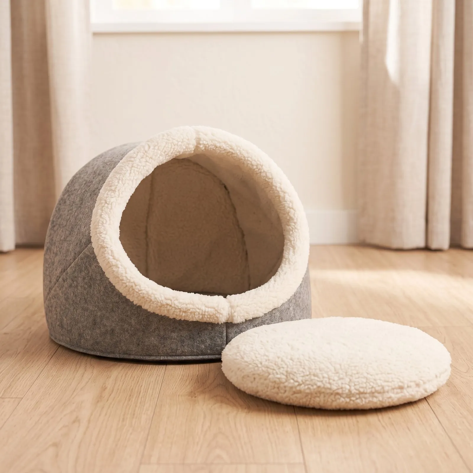 Cozy Cave bed with its removable round cushion beside it