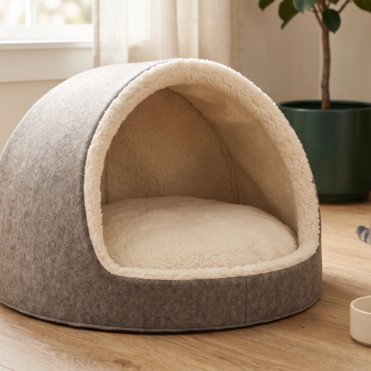 Side view of the gray felt Cozy Cave bed