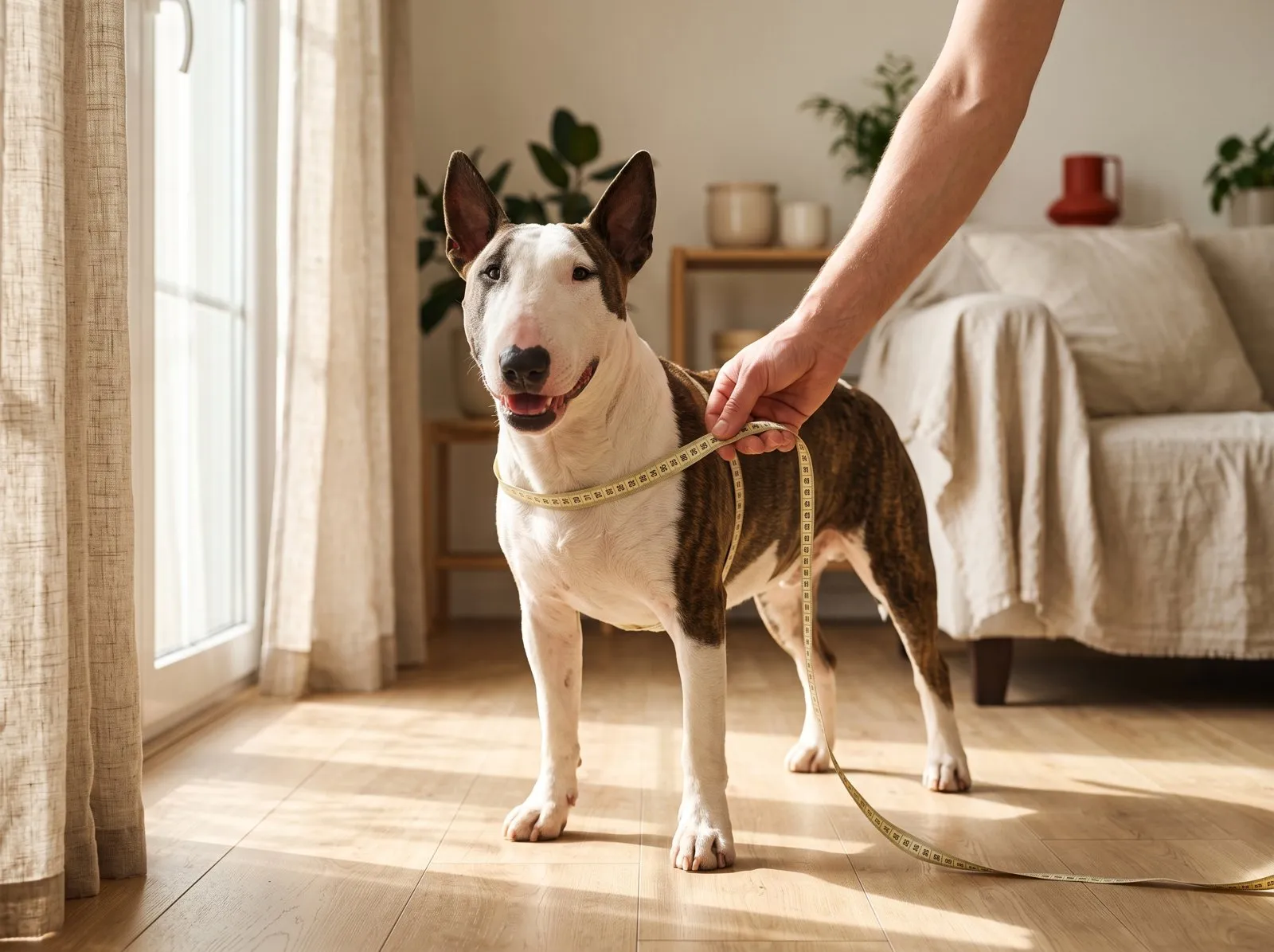 Bull terrier standing in a sunny room while a person measures its chest with a tape