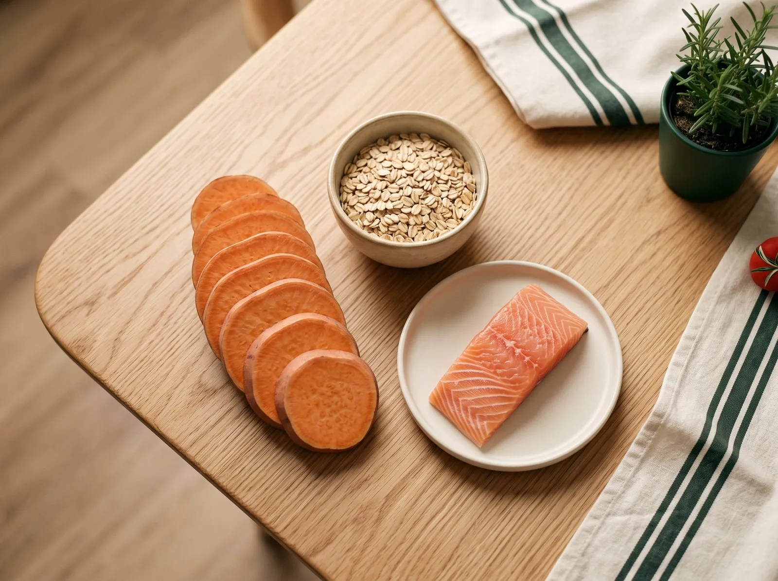 Sliced sweet potato, a bowl of oats and a piece of salmon on a wooden table