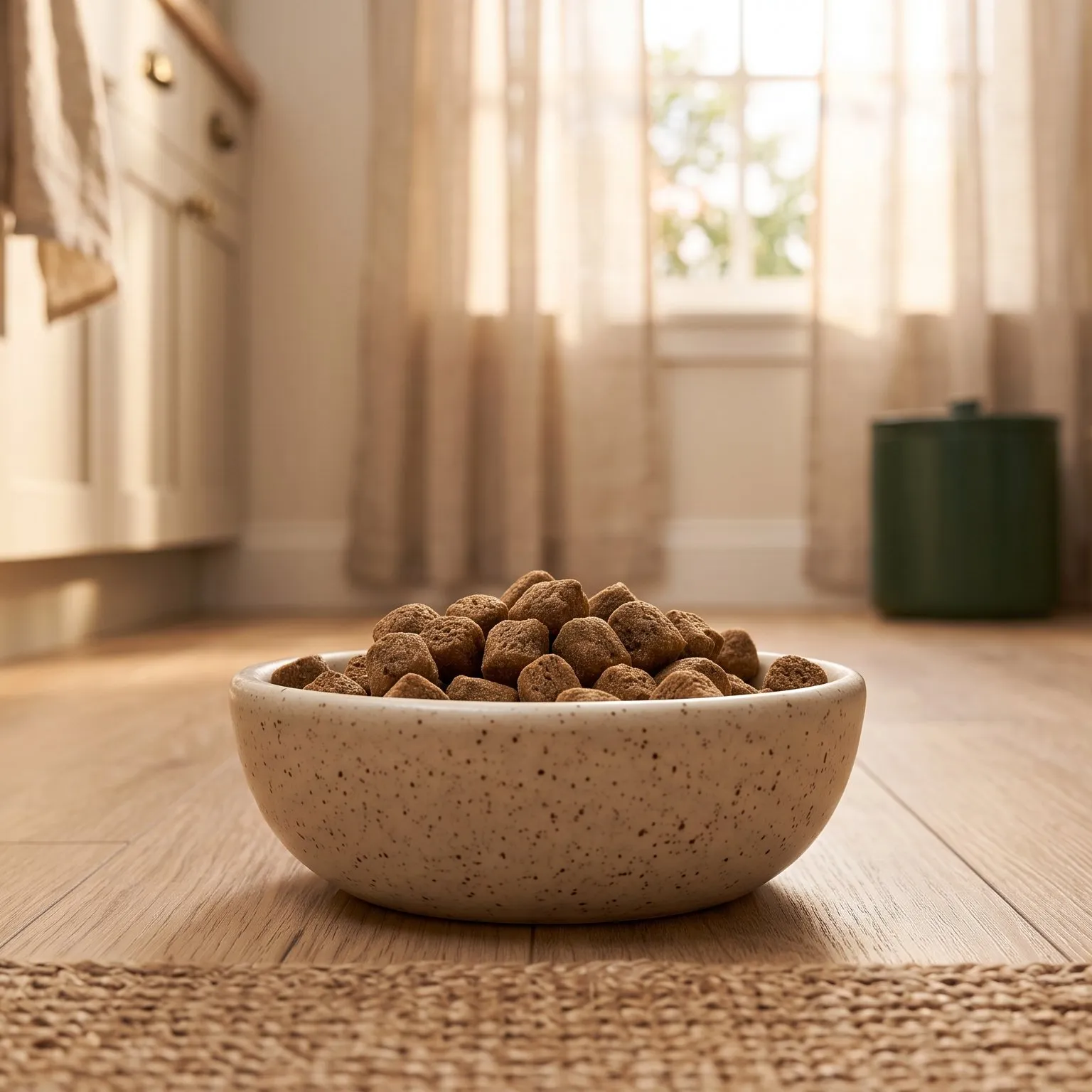 Bowl of kibble on the floor at dinner time