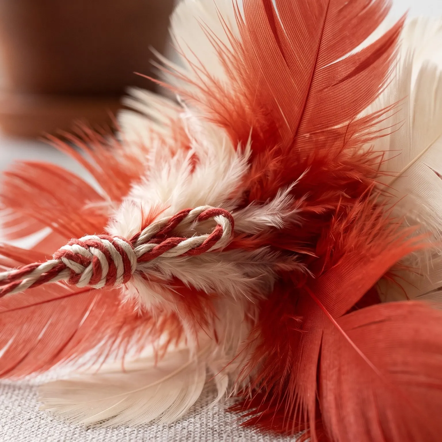 Close-up of the red and cream feathers
