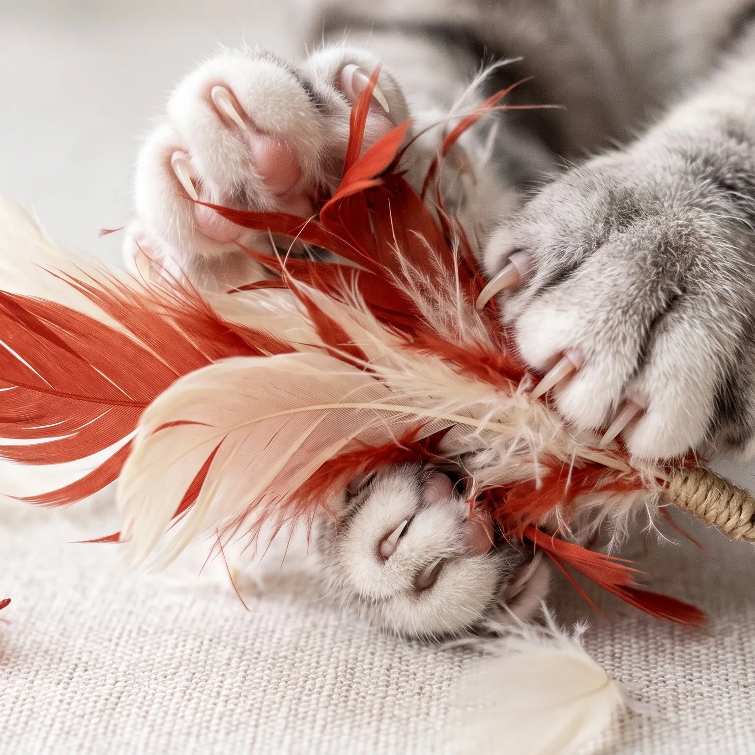 Cat paws batting at the feathers