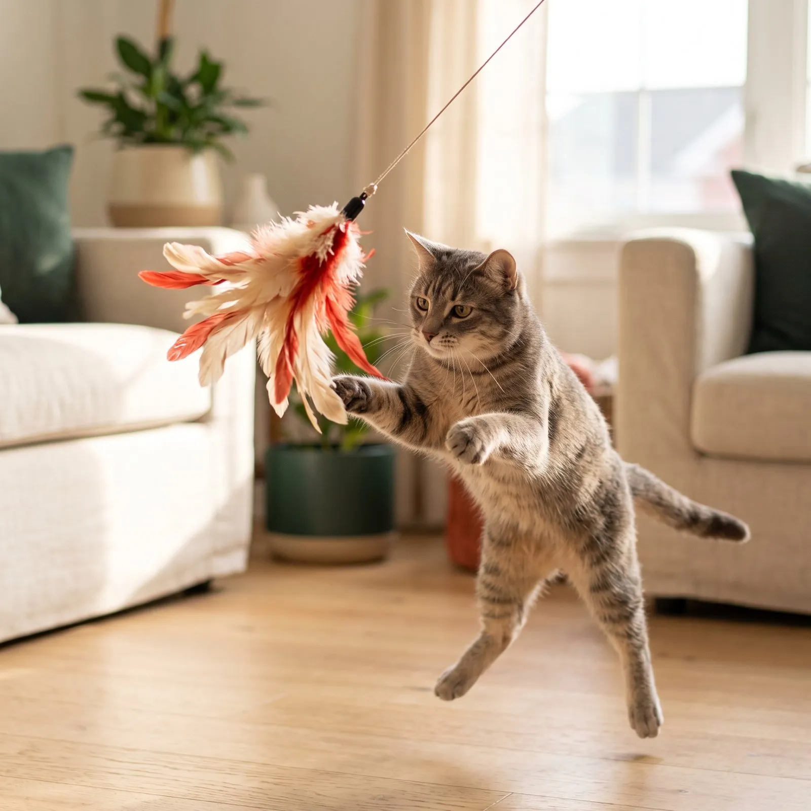 Tabby cat leaping to bat at a red and cream feather wand in a bright living room