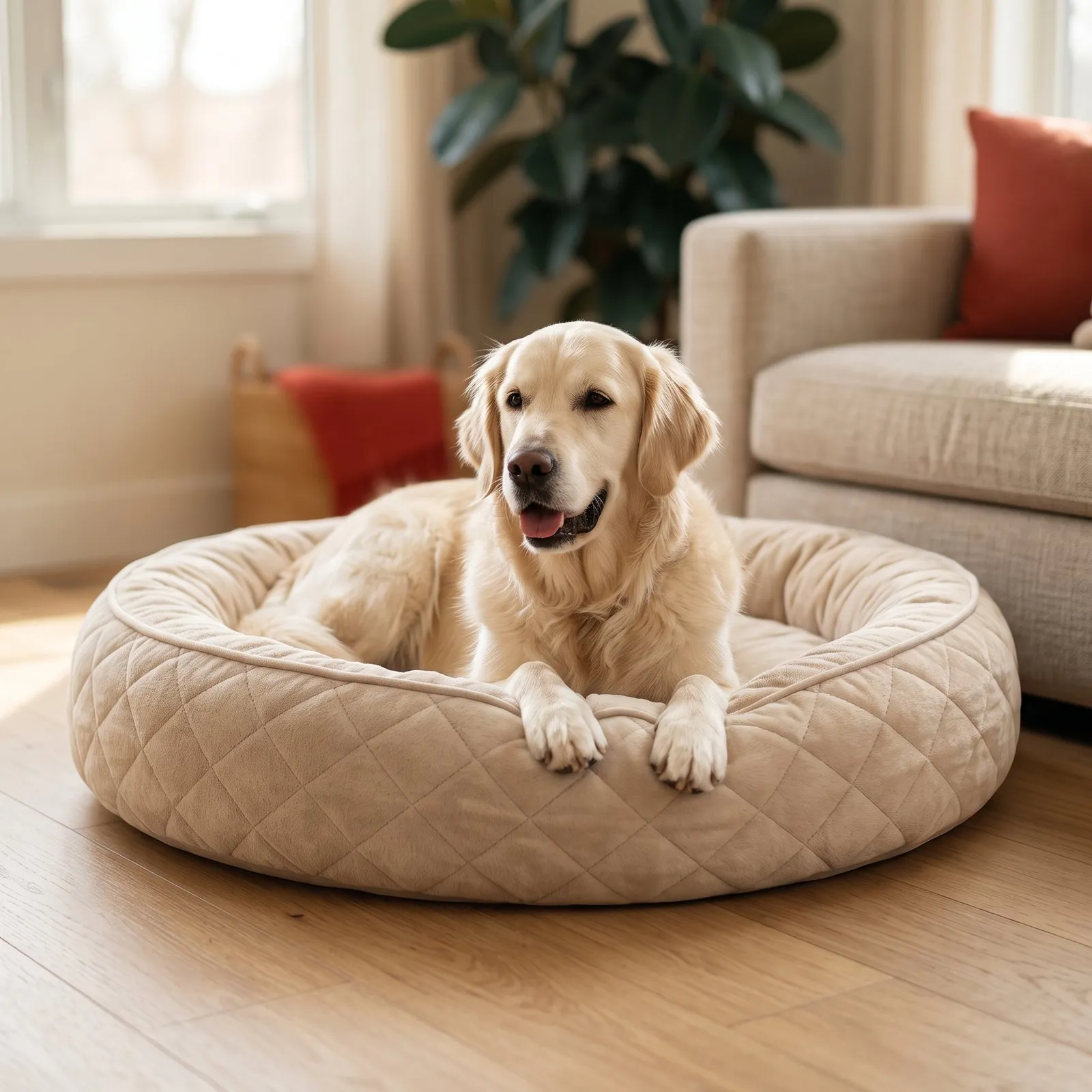 Golden retriever resting on a round oat-colored quilted dog bed in a sunny living room