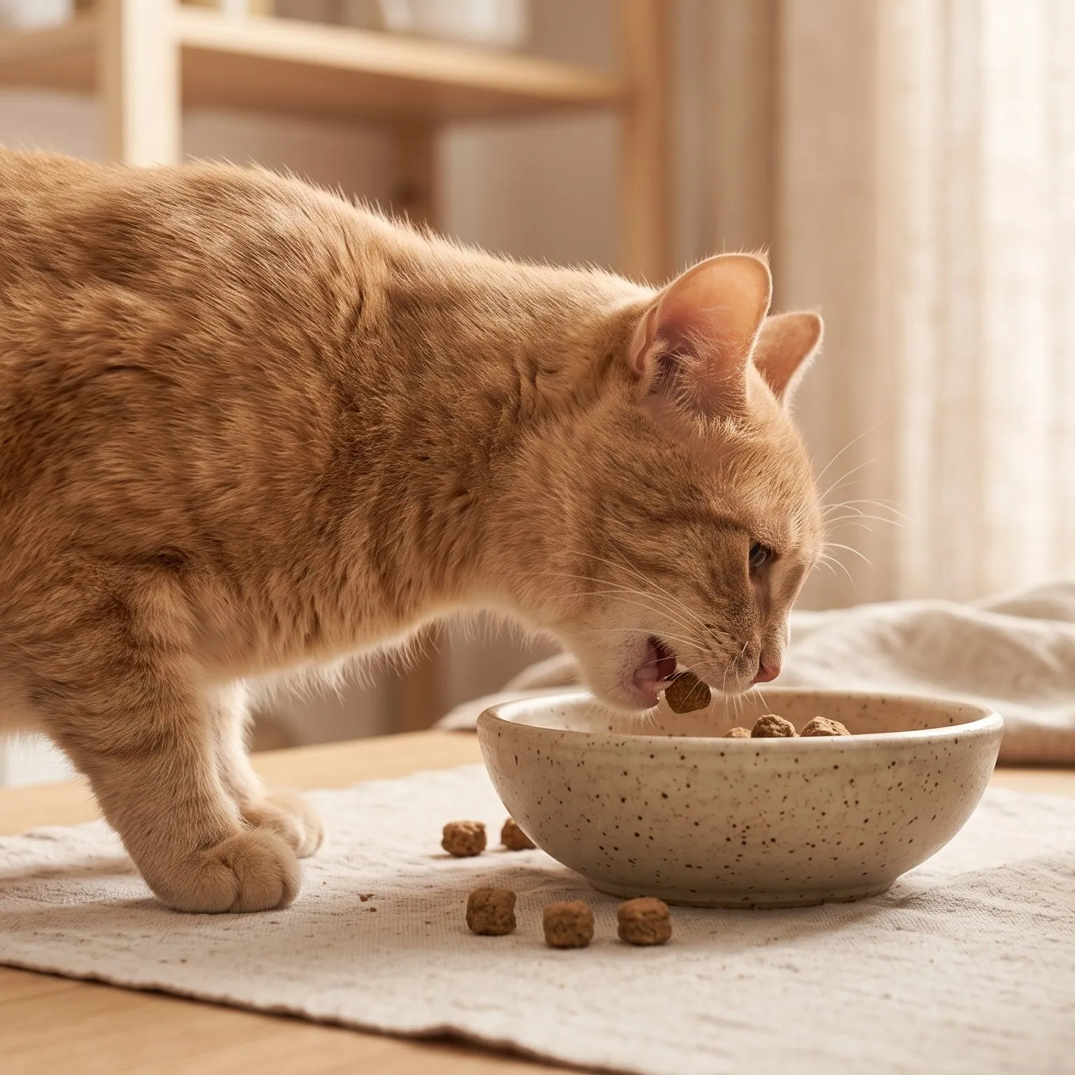 Ginger cat eating from a ceramic bowl