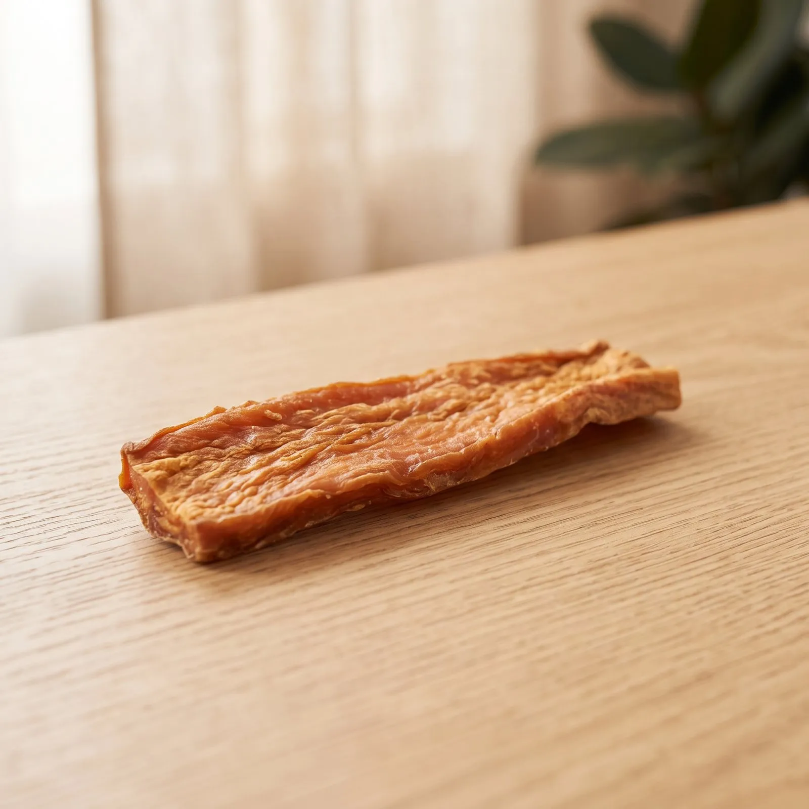 A single sweet potato chew on a wooden table