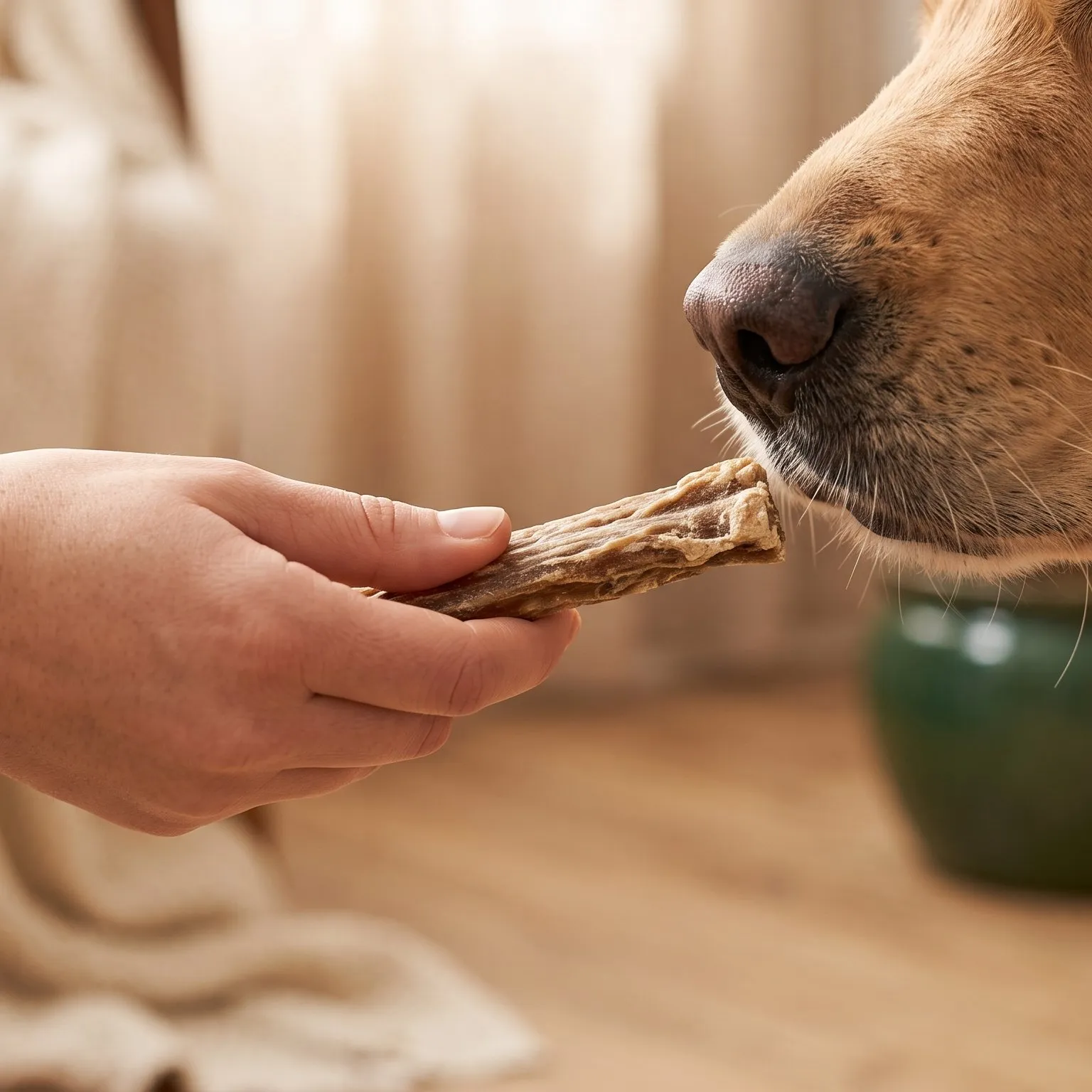 Hand offering a chew to a dog