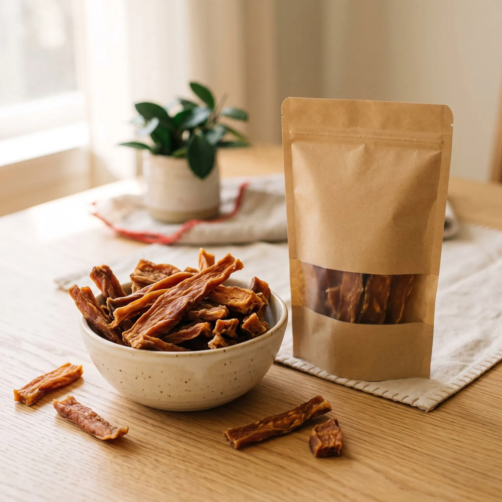 Kraft pouch of sweet potato chews next to a ceramic bowl full of chews on a wooden table