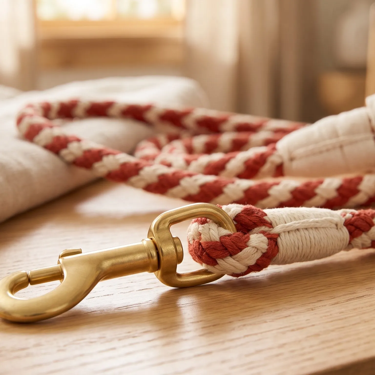 Brass clip and braided rope up close