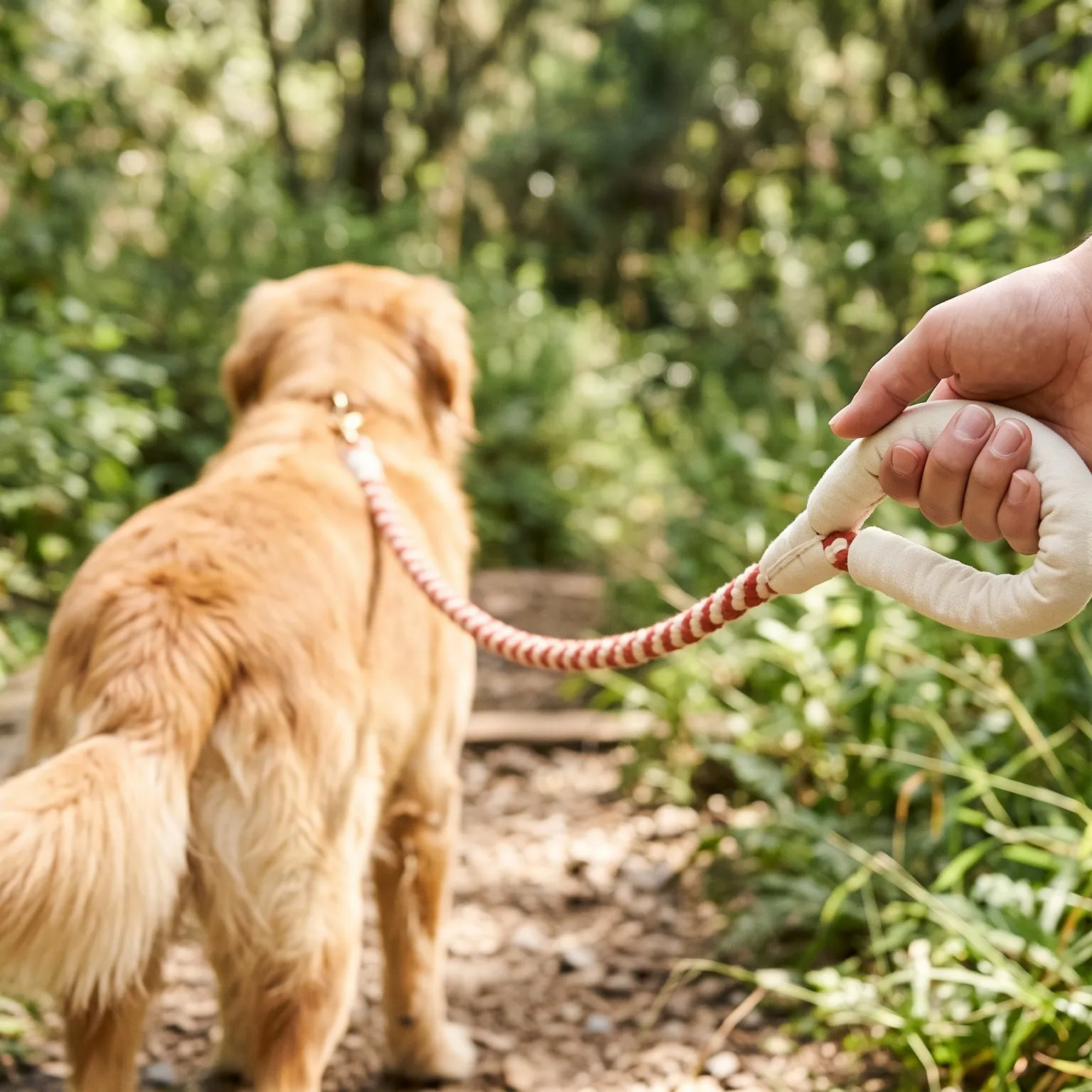 Person walking a golden retriever on a leafy trail with the rope leash